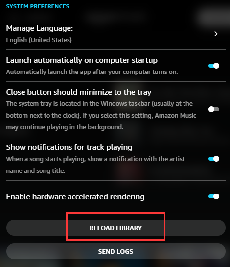 reload library on Amazon Music app