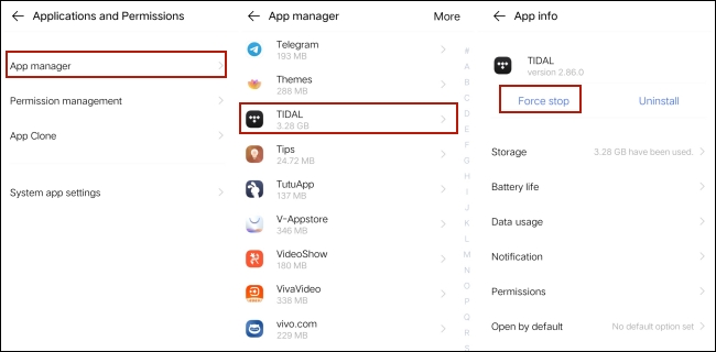 force stop tidal app on android