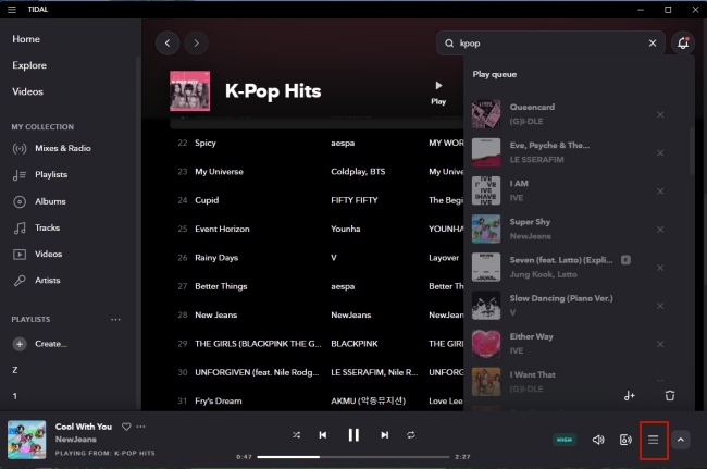 play queue on tidal pc