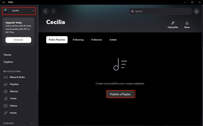publish a tidal playlist on pc