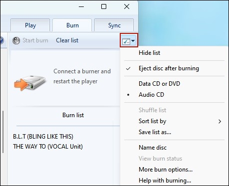 burn settings on windows media player