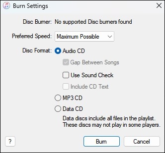 burn settings of itunes