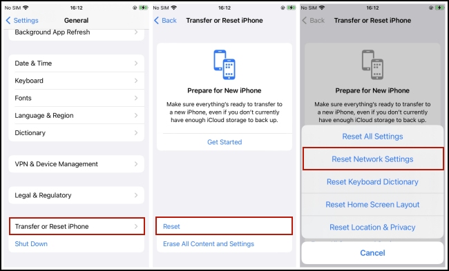 reset network settings on iphone