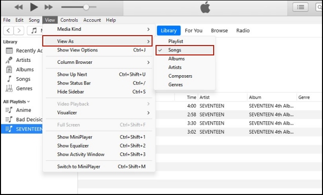view as songs on itunes
