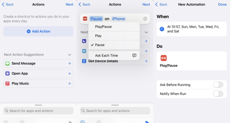 add action in shortcuts