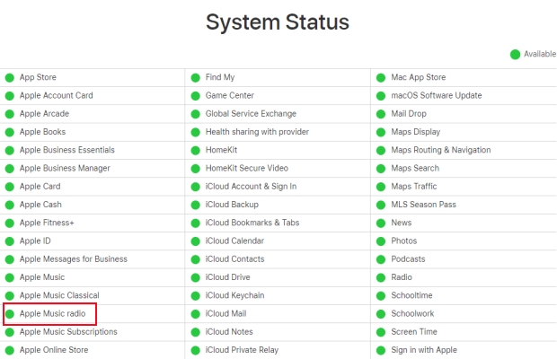 check apple music radio system status