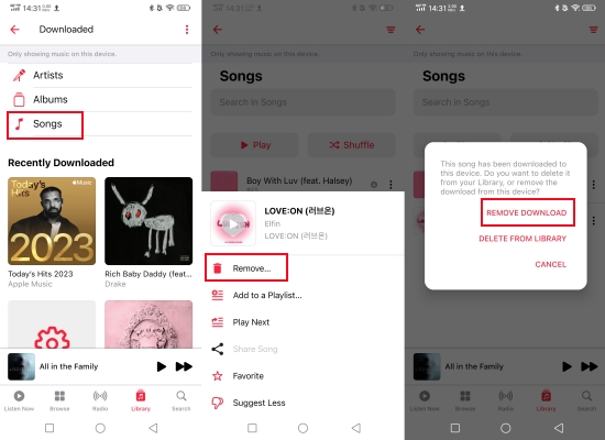 remove downloaded songs from apple music on android