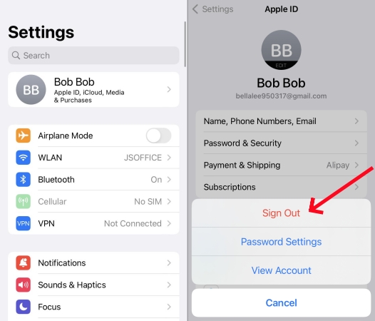 sign out apple id in media & purchase