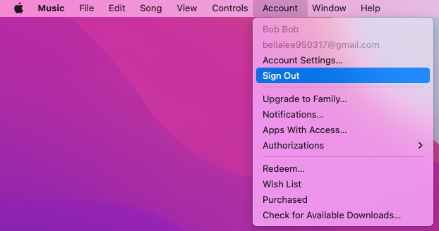 sign out in apple music on mac