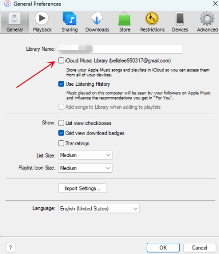 turn off icloud music library on pc